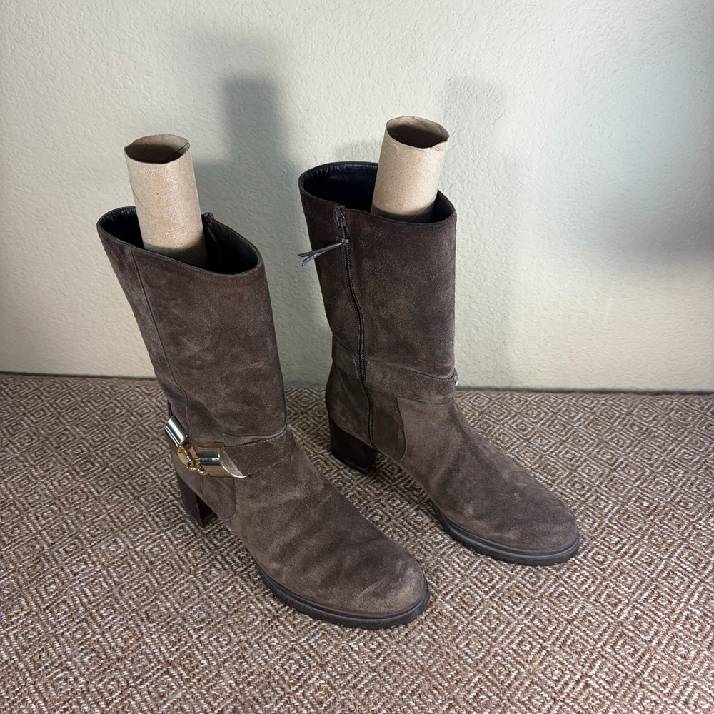 Stuart Weitzman Skipper Slate Gray Suede Mid-Calf Boots Size 6.5M Luxury Casual